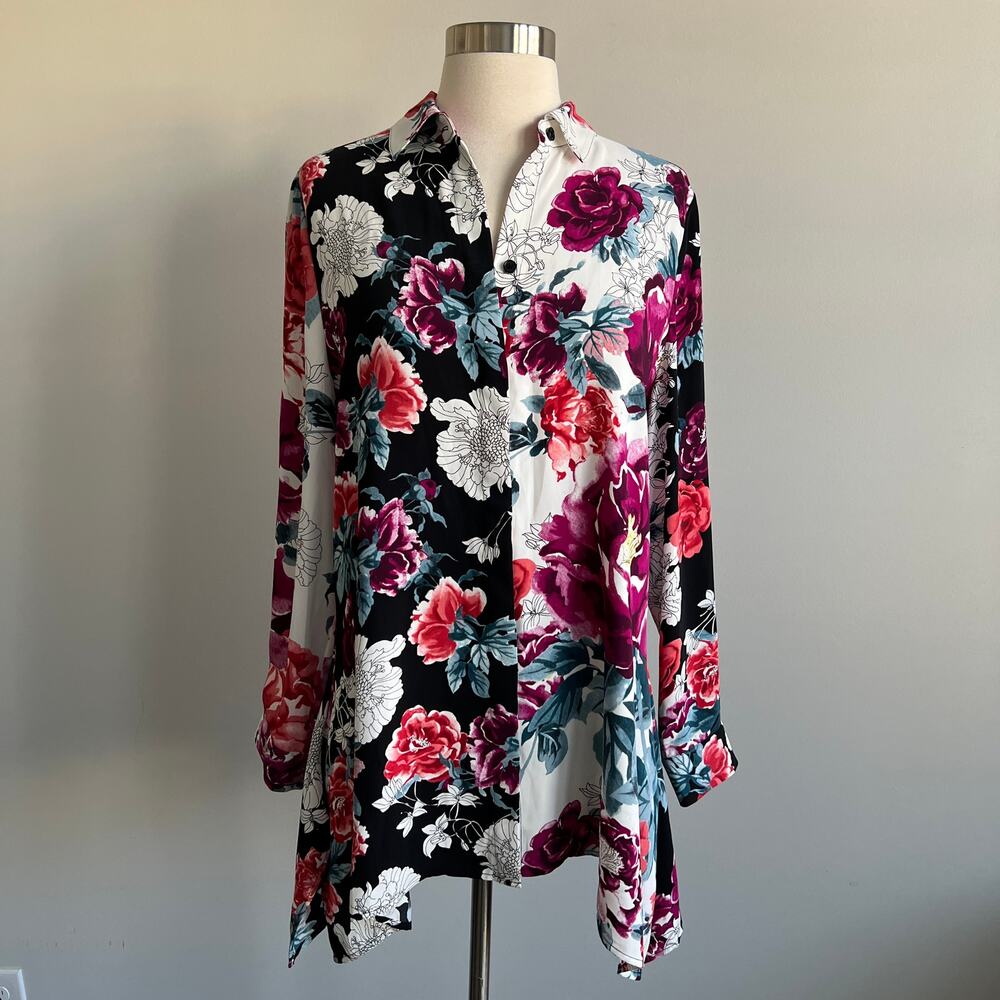 Chico's Button Up Handkerchief Hem Blouse Tunic Black Floral Chico's 0